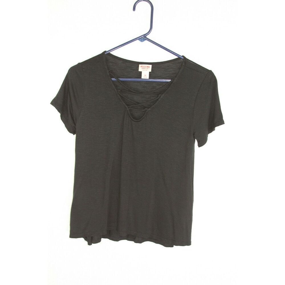 Mossimo Supply T-Shirt XS Black Womens Lace-Up V neck Short Sleeve